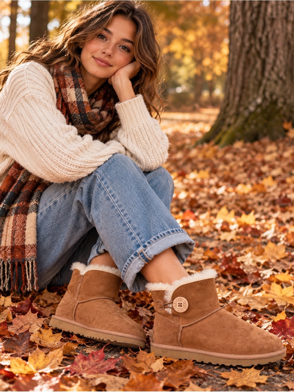 UGG Mini Bailey Button II Suede Ankle Boot - Chestnut Brown Youth Size 6 1016422